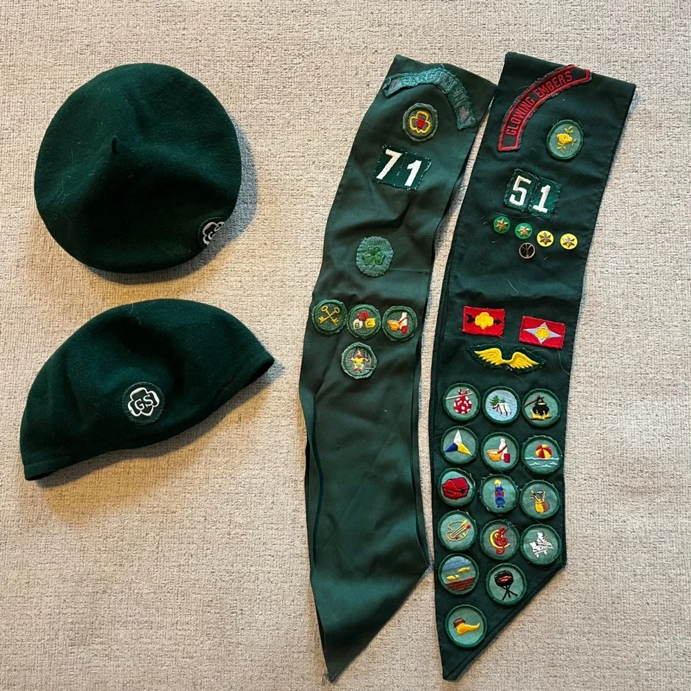 Vintage Girl Scouts Wool Berets and Sashes Lot 100% Wool Made in England Badges